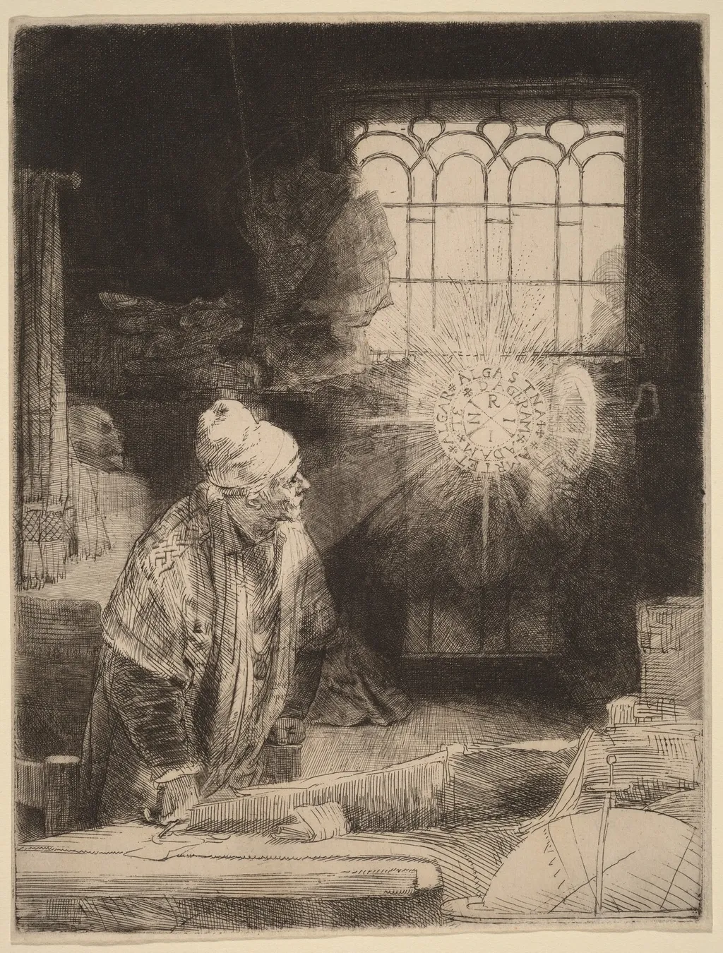 Faust, by Rembrandt van Rijn, ink, 1652