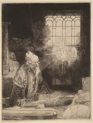 Faust, by Rembrandt van Rijn, ink, 1652
