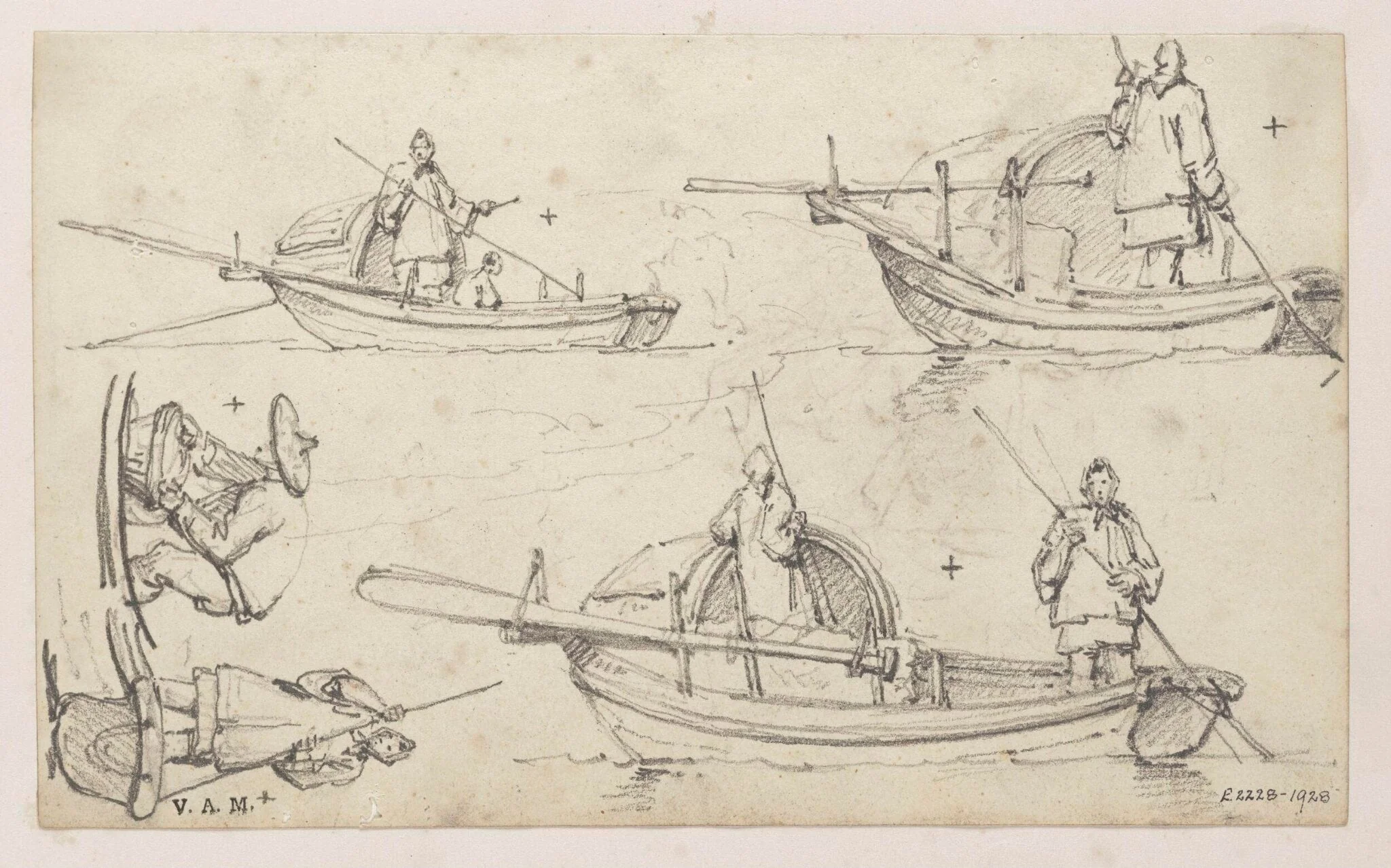 Five drawings of figures in Tanka boats, detail