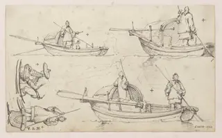 Five drawings of figures in Tanka boats, by George Chinnery, 19