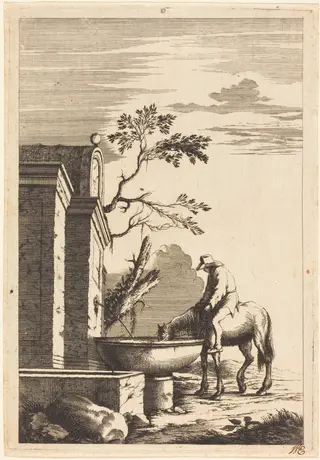 Horse and Rider at a Fountain, by Bernhard Zaech, ink, 1650