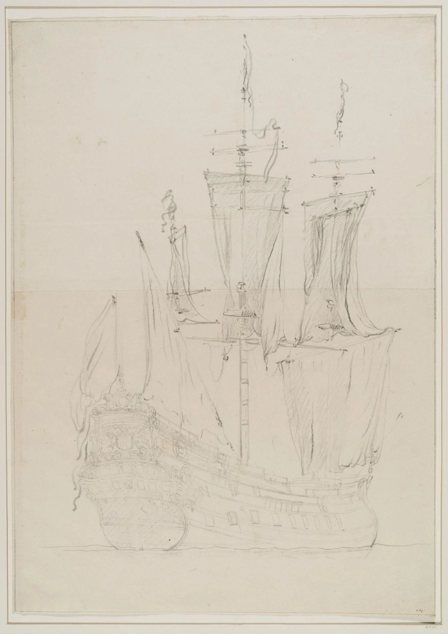 A Dutch Ship, possibly the Amsterdam; Quarter View, with the sails hanging loose, detail