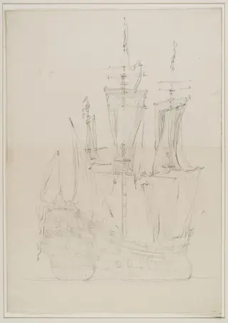 A Dutch Ship, possibly the Amsterdam; Quarter View, with the sails hanging loose, by Willem van de Velde the elder, 1665