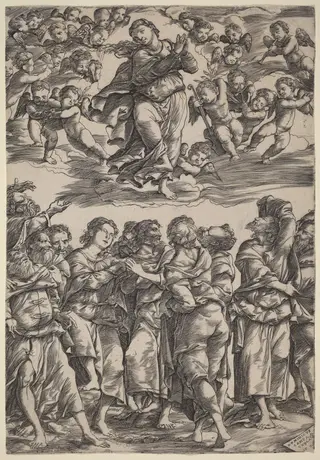 The Assumption of the Virgin, by Domenico Campagnola, ink, 1517