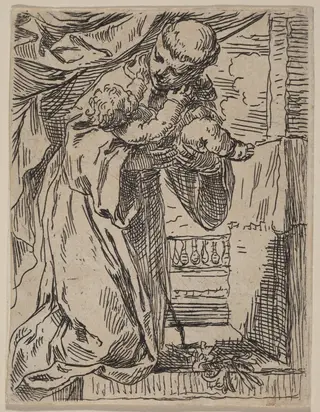 Saint Anthony of Padua Holding the Christ Child, by Simone Cantarini, ink, 1644