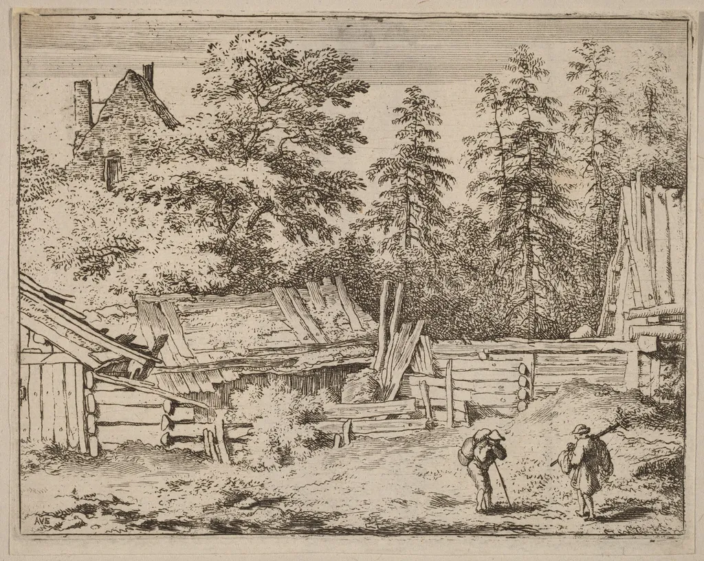Three Cottages, by Allart van Everdingen, ink, 1650