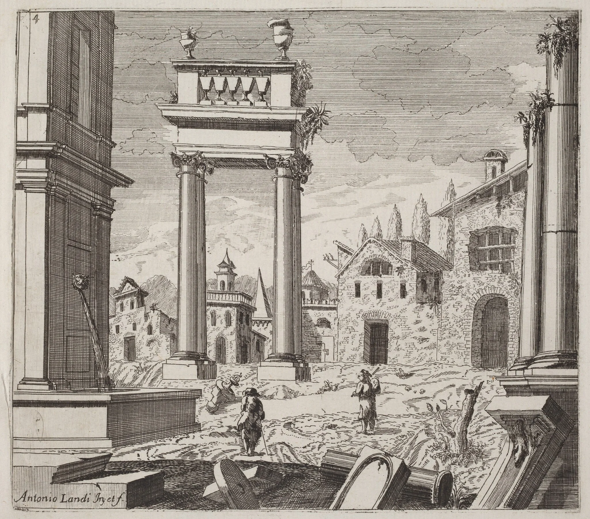 Architectural Fantasy with Classical Ruins and Vernacular Buildings, detail
