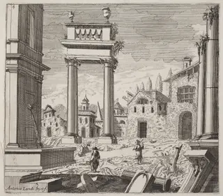 Architectural Fantasy with Classical Ruins and Vernacular Buildings, by Giuseppe Antonio Landi, ink, 1753