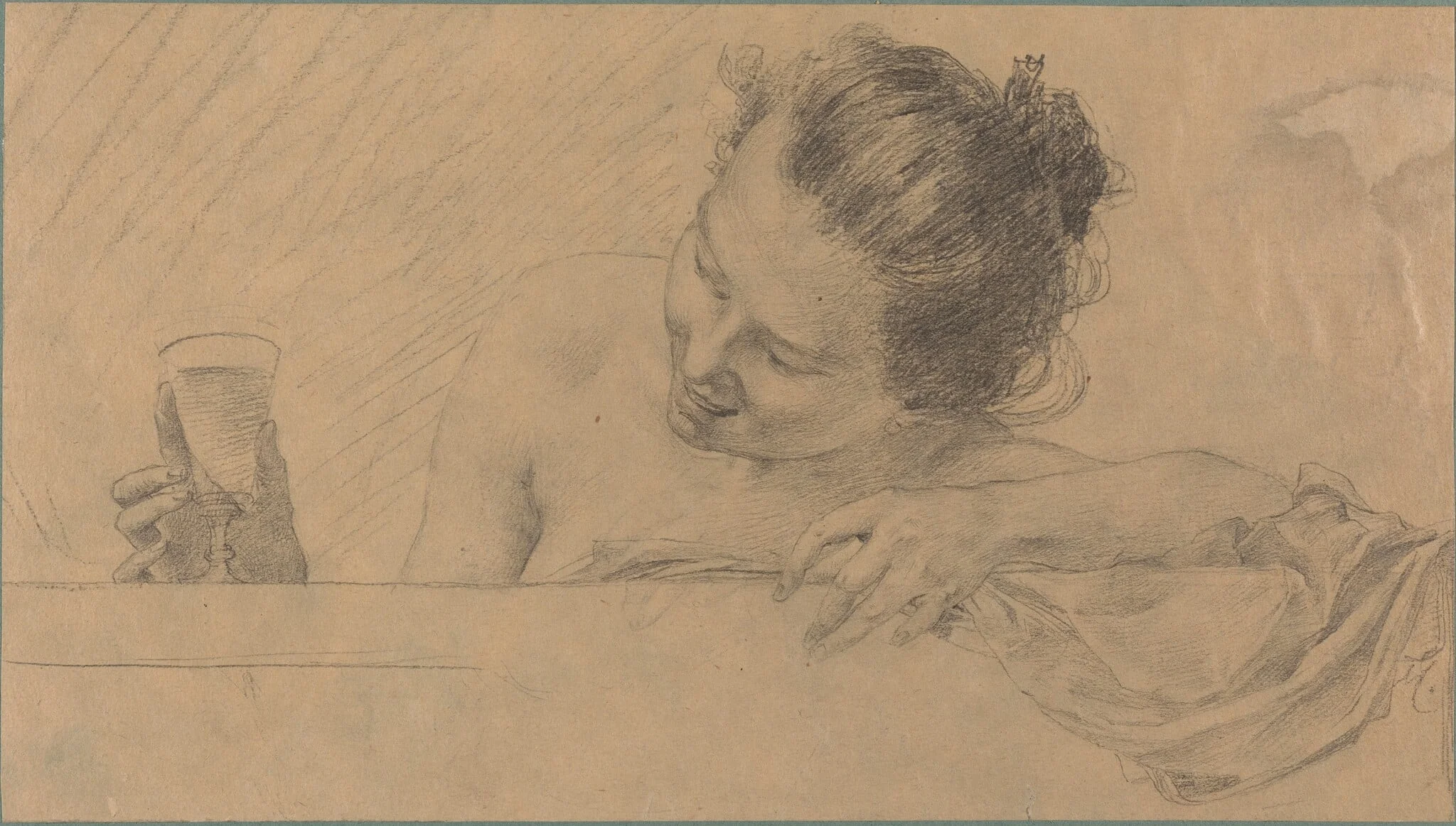 Woman in Bath, Holding a Glass of Wine, detail