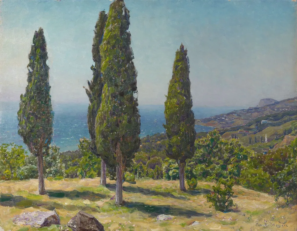 cypresses. Crimea, by Apollinary Vasnetsov, oil, 1904
