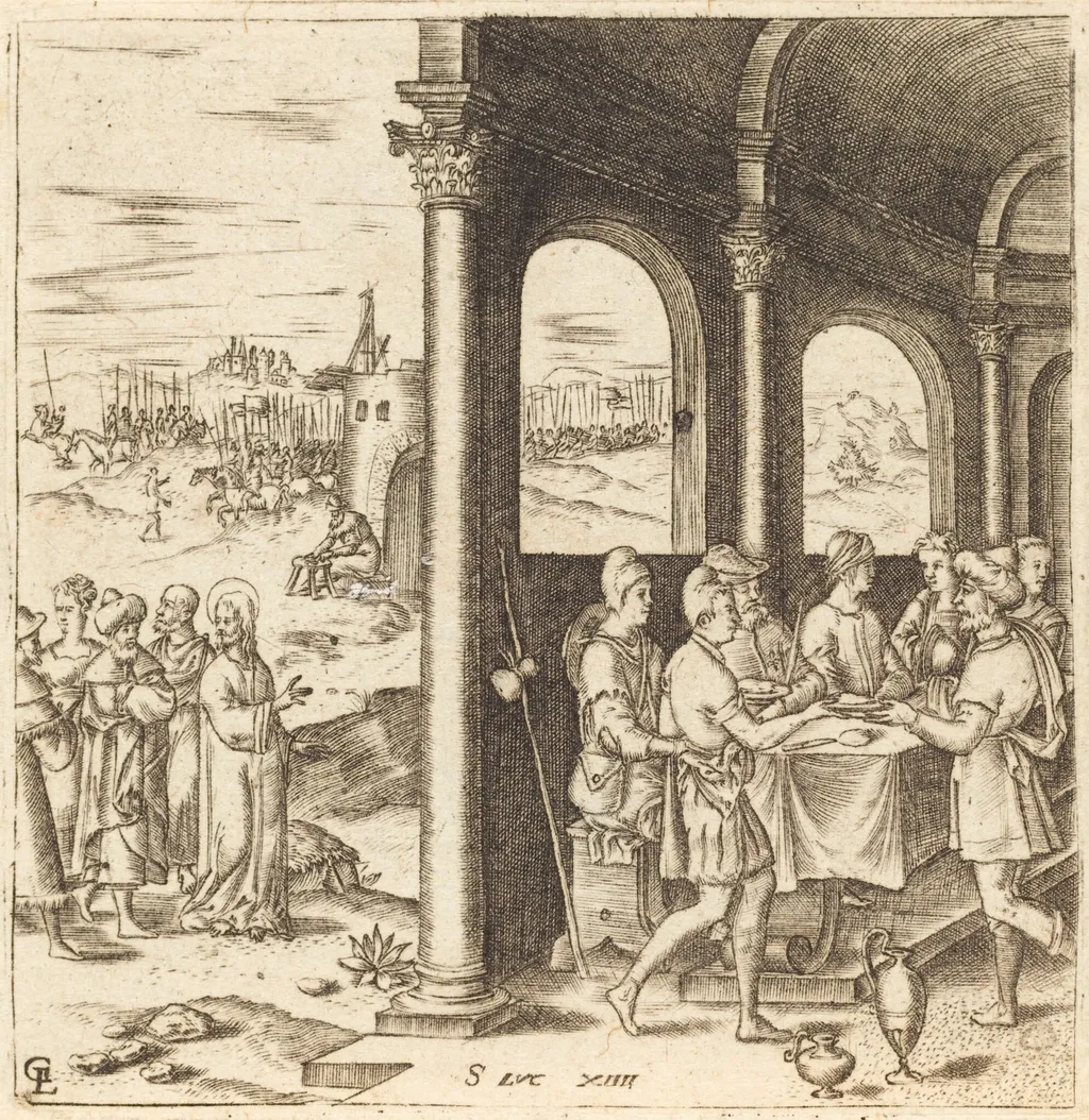 Christ Journeying to the House of a Pharisee, by Léonard Gaultier, ink, 1578