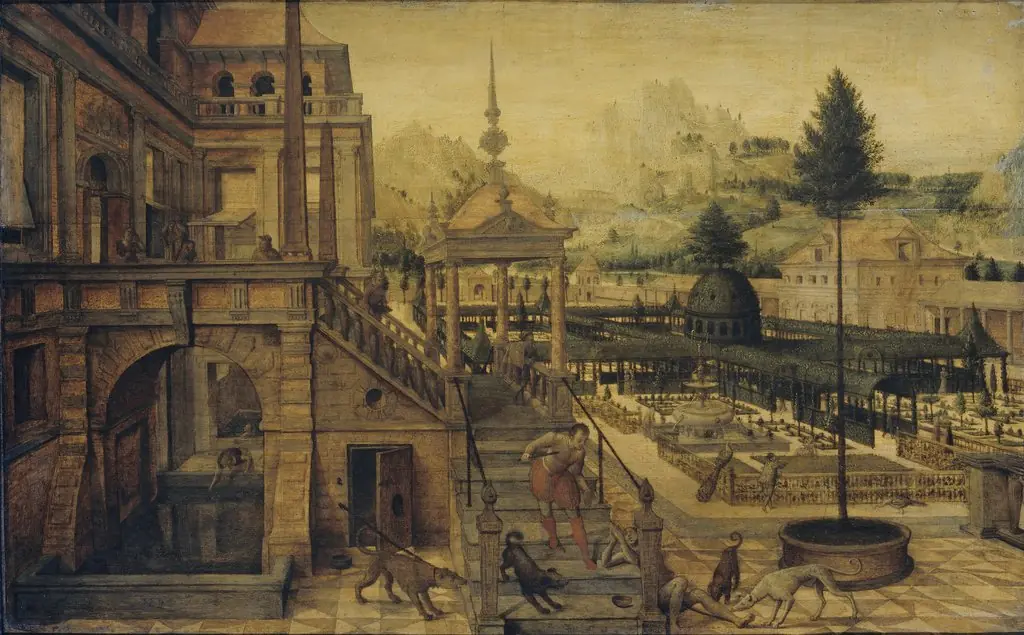 Palace Gardens with Poor Lazarus in the foreground, by Hans Vredeman de Vries, oil, 1600