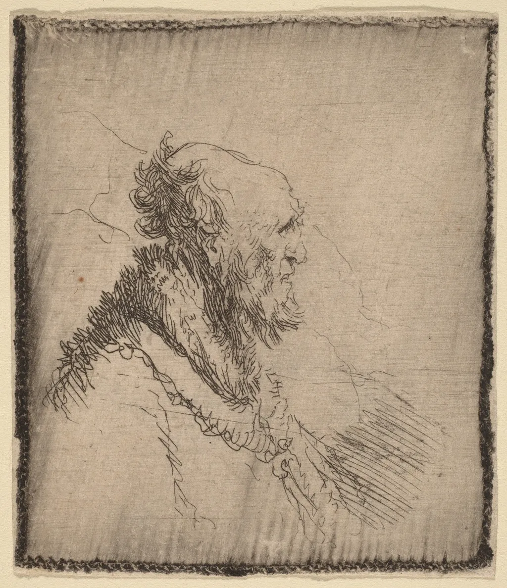 Bald Old Man with a Short Beard in Profile, by Rembrandt van Rijn, ink, 1635