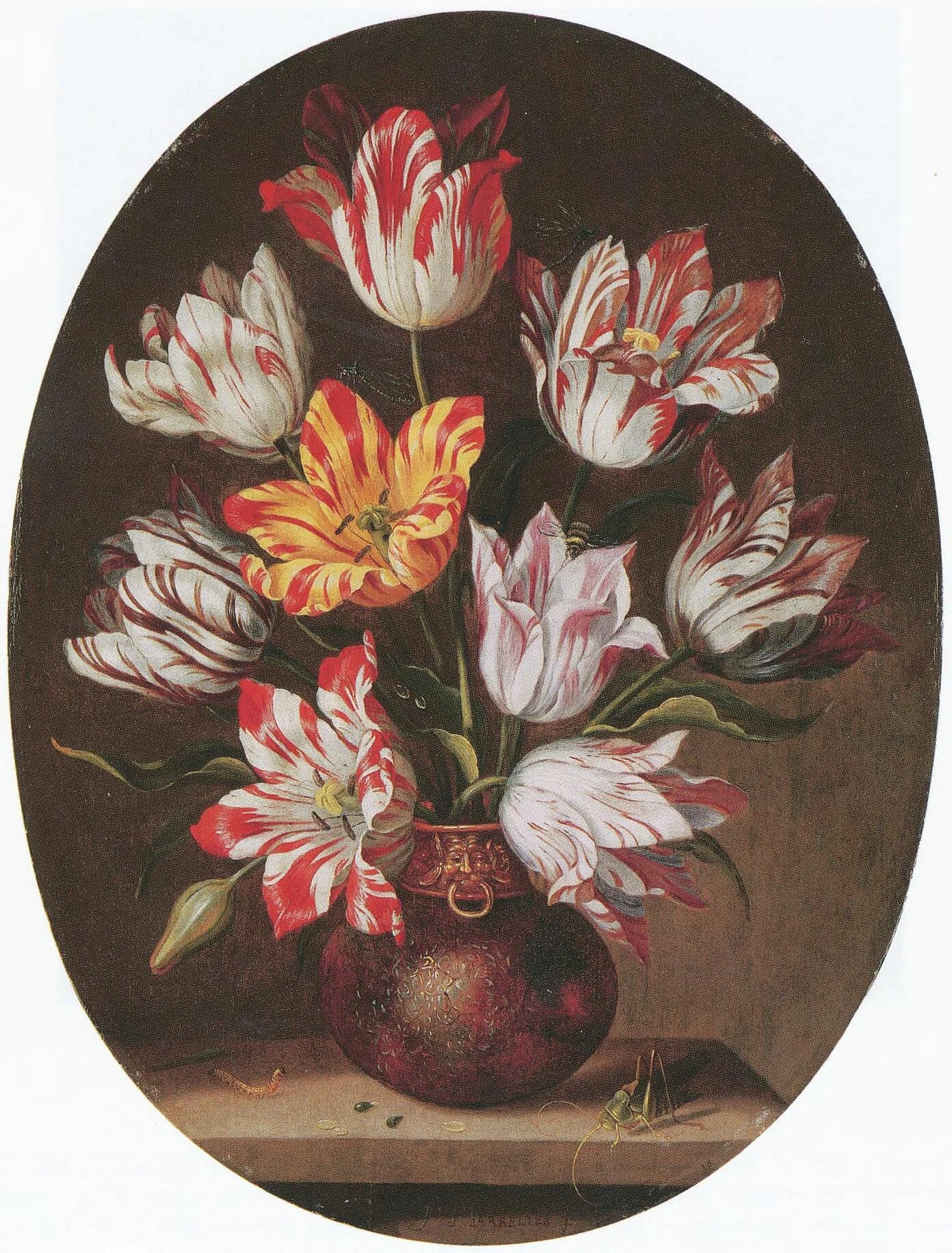 Tulips in a vase with a caterpillar and a grasshopper on a stone ledge, detail