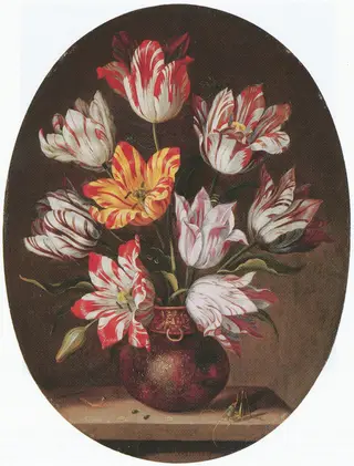 Tulips in a vase with a caterpillar and a grasshopper on a stone ledge, by Jacob Marrel, oil, 1635