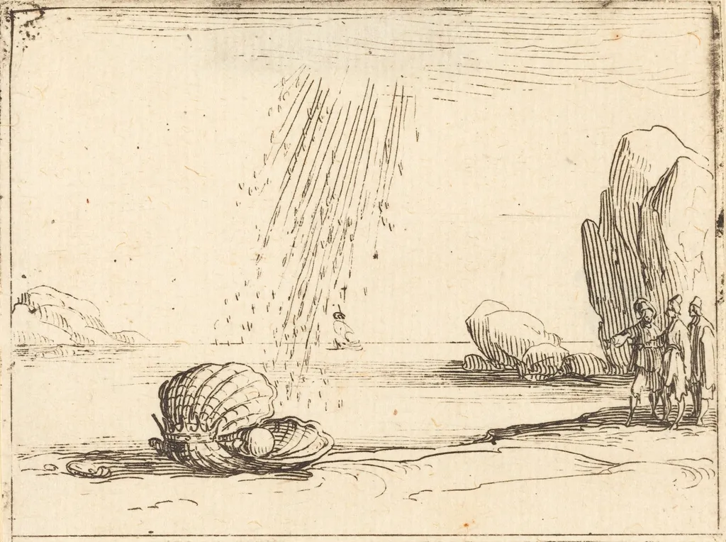 Oyster with Pearl, by Jacques Callot, ink, 1628