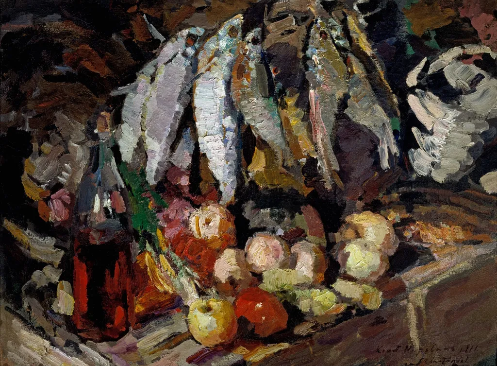 Fishes, wine, fruit, by Konstantin Korovin, oil, 1916
