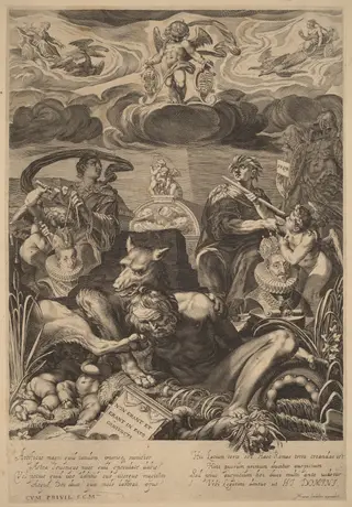 Allegory of the Marriage of Emperor Ferdinand II and Eleanor Gonzaga, by Aegidius Sadeler II, ink, 1600