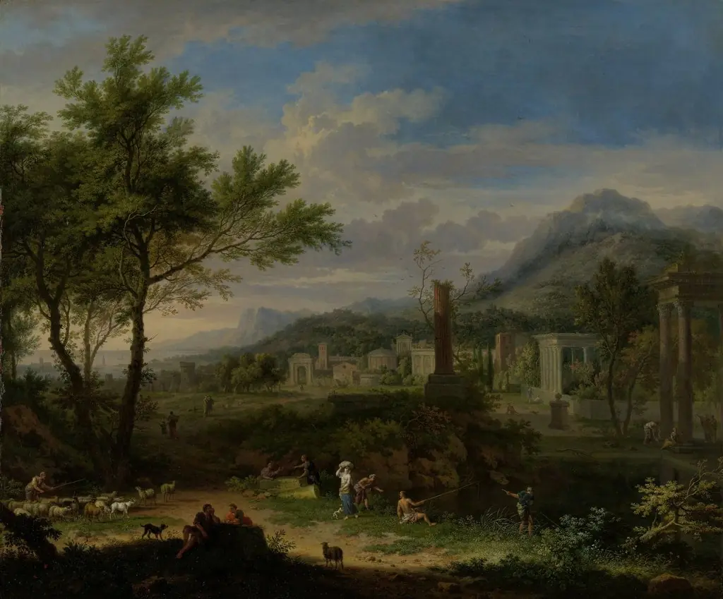 Arcadian Landscape with Fishermen, by Jan van Huysum, oil, 1724
