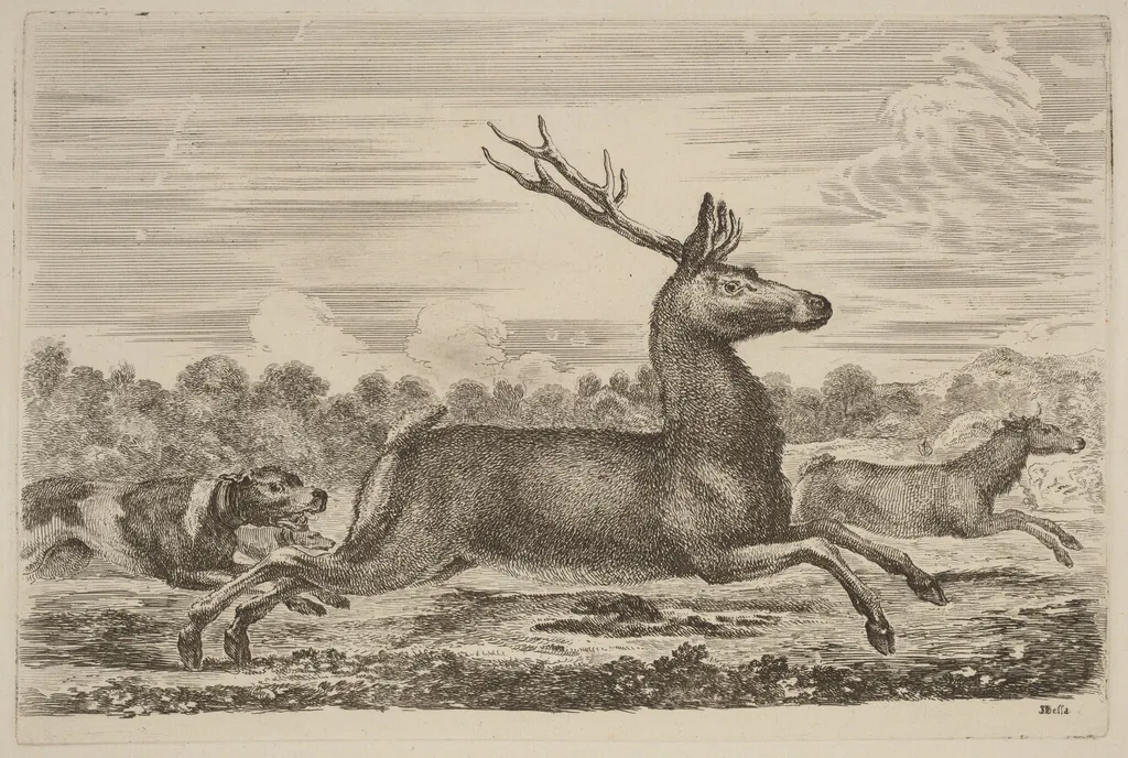 Deer Chased by Two Dogs to the Left, by Stefano Della Bella, ink, 1637