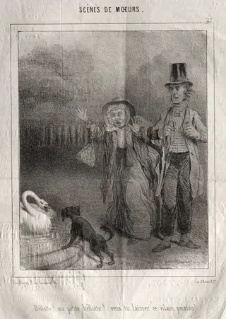 Scènes de moeurs:  Bellotte! ma petite Bellote! veux-tu laisser ce vilain poisson!, by Charles Joseph Traviès de Villers, 1838