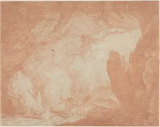 Young Woman with Donkeys Riding under a Natural Bridge, by Hubert Robert, chalk, 1770