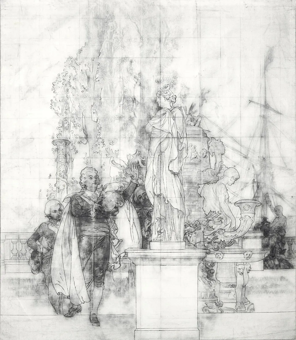 Cartoon for the Lower Hall of the NM. Patron of the Fine Arts and Founder of the Museum King Gustav III of Sweden Receiving Antique Pieces of Art, by Carl Larsson, distemper, 1898