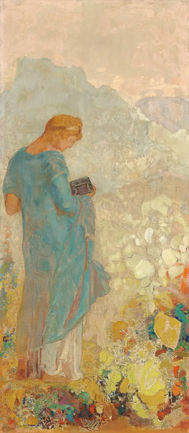 Pandora, the color method at full strength: a figure that the surrounding bloom of pigment seems to flower into being.