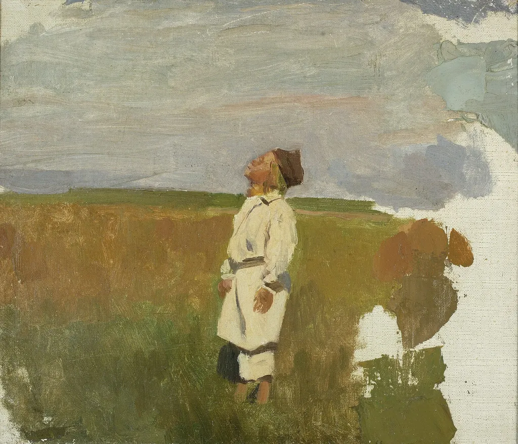 Study for “Storks” – Shepherd boy, by Józef Chełmoński, oil, 1900