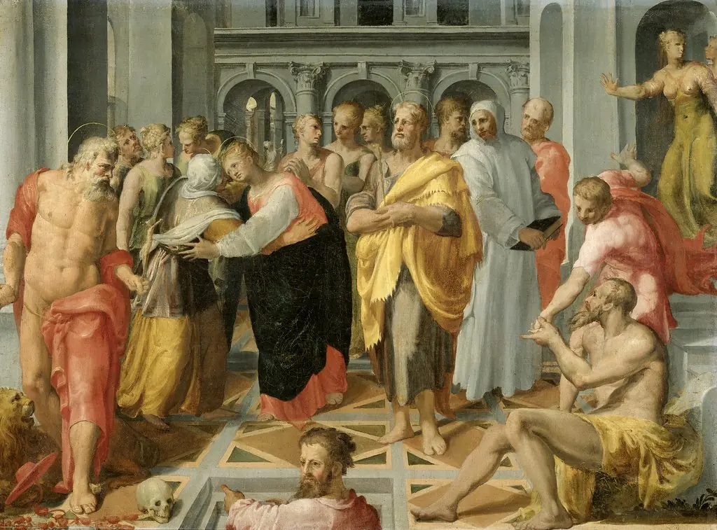 Visitation (Meeting of Mary and Elizabeth in the Presence of Saints Joseph and Jerome), by Pellegrini Tiballdi, oil, 1550