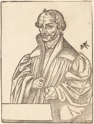 Philip Melanchton, Half-Length to the Left, Standing Behind a Breastwork, by Lucas Cranach the Younger, ink, 1550