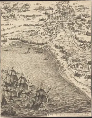 The Siege of La Rochelle [plate 12 of 16; set comprises 1952.8.97-112], by Jacques Callot, ink, 1630