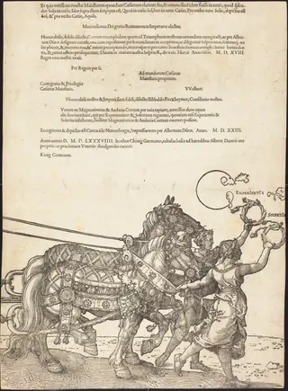 The Triumphal Chariot of Maximilian I (The Great Triumphal Car) [plate 8 of 8], by Albrecht Dürer, ink, 1523