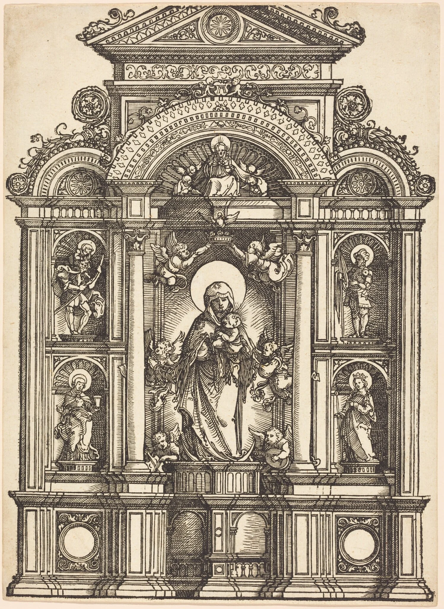 Altarpiece with the Beautiful Virgin of Regensburg and Saints Christopher, Mary Magdalene, Florian, and Catherine Standing in Niches, with God the Father Above, detail