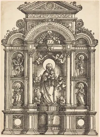 Altarpiece with the Beautiful Virgin of Regensburg and Saints Christopher, Mary Magdalene, Florian, and Catherine Standing in Niches, with God the Father Above, by Albrecht Altdorfer, ink, 1520