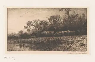 Cattle at Dusk, by Charles Émile Jacque, ink, 1850