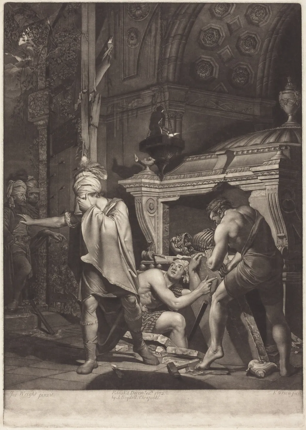 Miravan Opening the Tomb of His Ancestors, by Valentine Green, ink, 1772