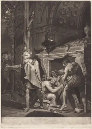 Miravan Opening the Tomb of His Ancestors, by Valentine Green, ink, 1772