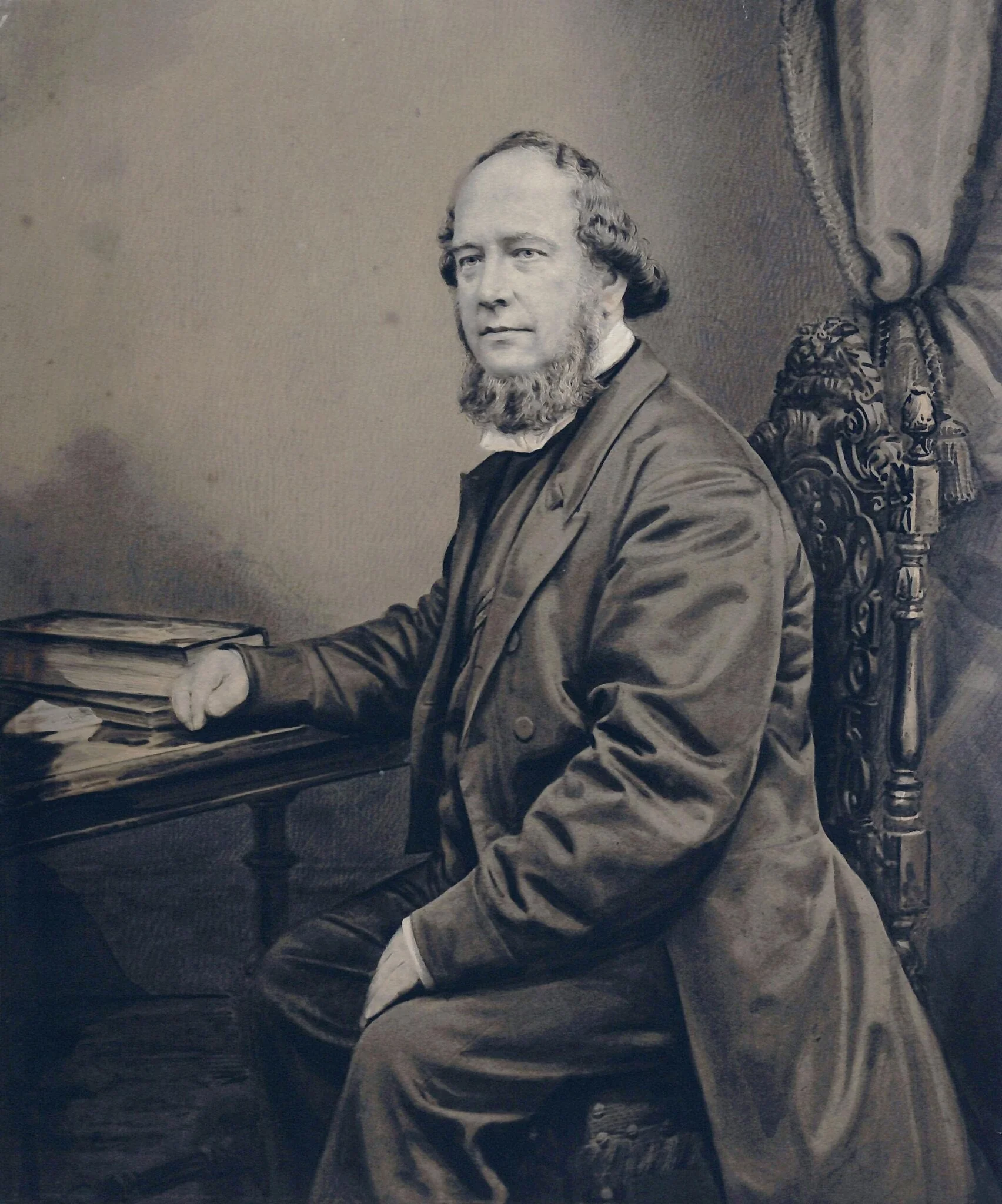 Painted photograph of a man, detail