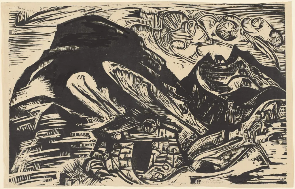 Mountains with a Mountain Hut, by Ernst Ludwig Kirchner, ink, 1921