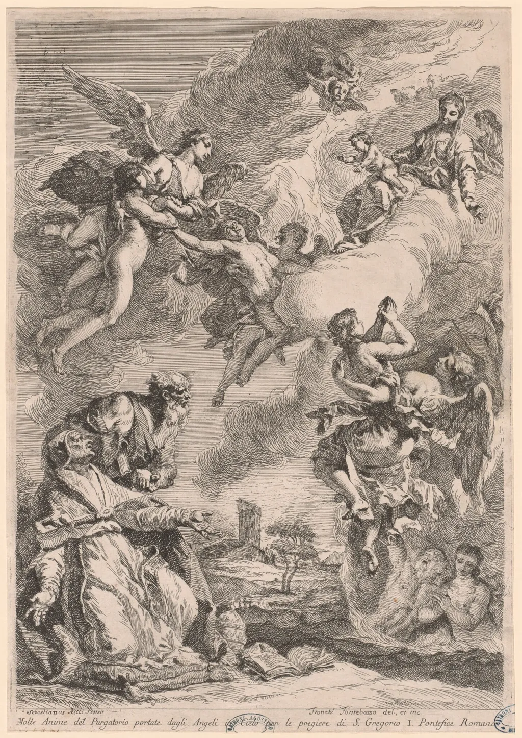 Pope Gregory the Great and Saint Vitale Interceding for the Souls in Purgatory, by Francesco Fontebasso, ink, 1731