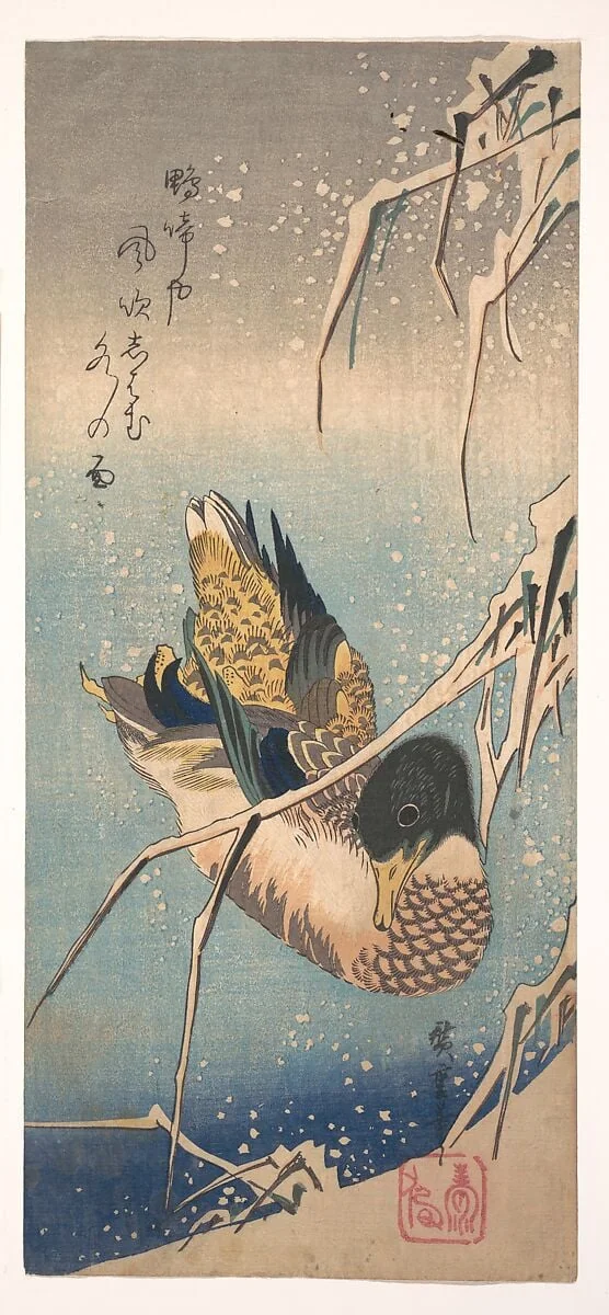 雪中芦に鴨|A Wild Duck near a Snow-laden Shore, detail