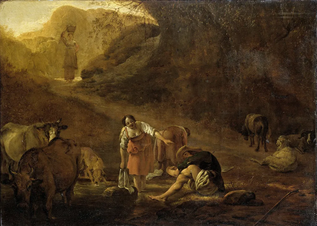 A shepherd and washerwomen at a spring, by Pieter van Laer, oil, 1630