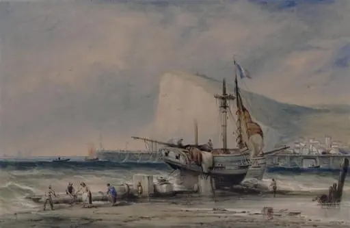 Shakespeare's Cliff, Dover, with luggers on the beach, by Samuel Austin, watercolor, 1827