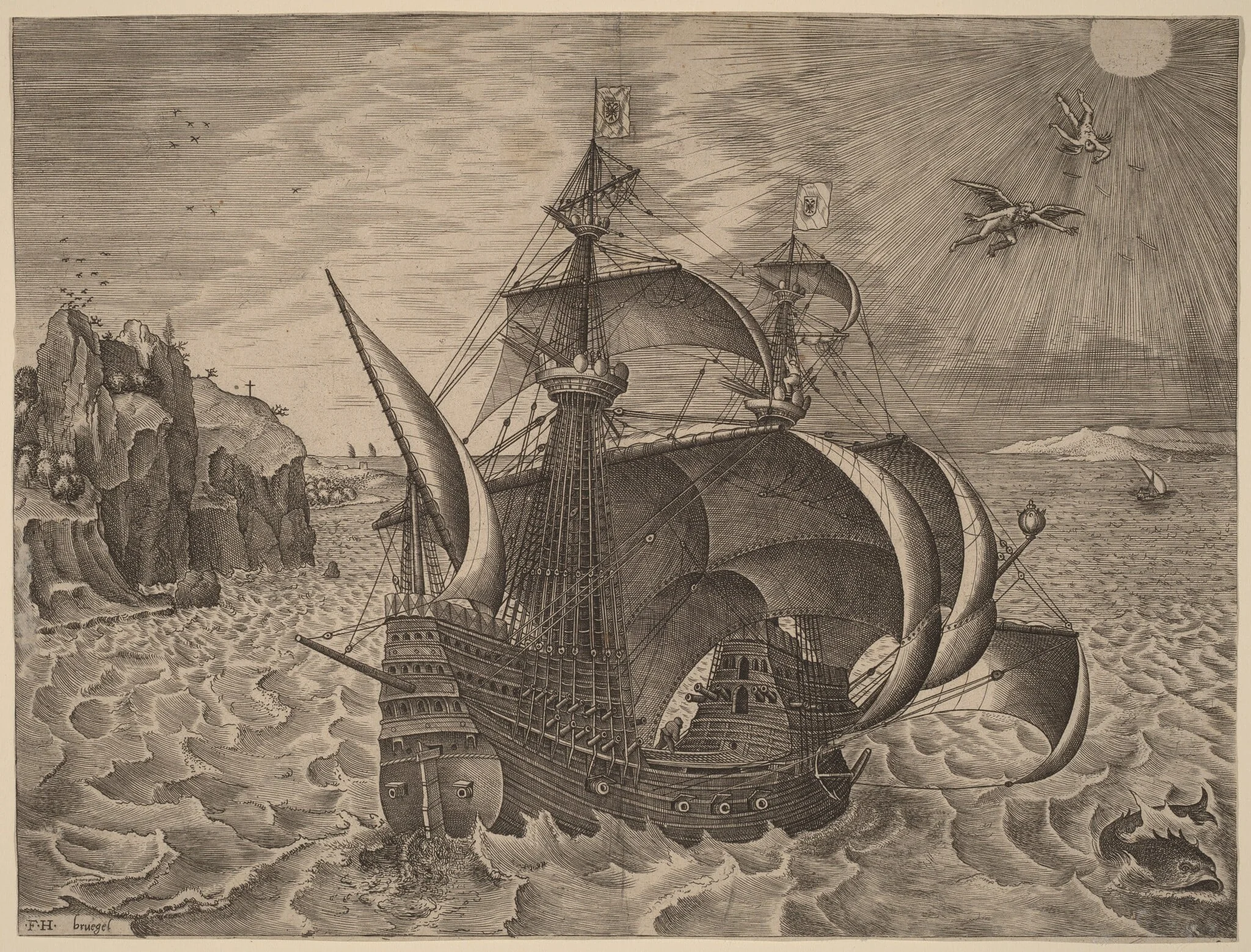 Armed Three-Master with Daedalus and Icarus in the Sky, detail