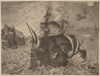 Armed Three-Master with Daedalus and Icarus in the Sky, by Frans Huys, ink
