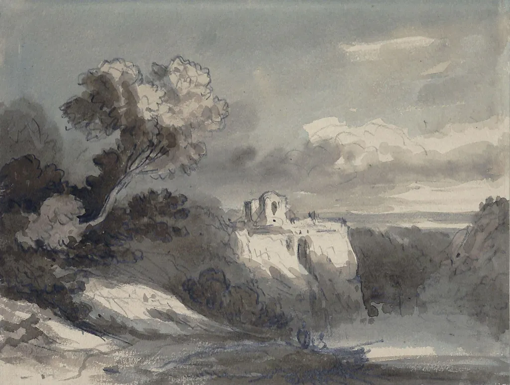 Landscape with Castle on a Cliff, by James Robertson, watercolor, 1850