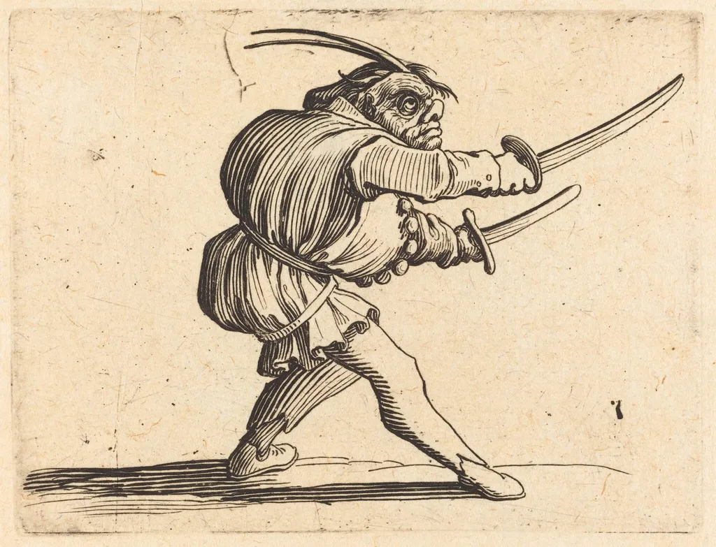 Duellist with Two Sabers, by Jacques Callot, ink, 1622