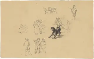 Barking Dog and Studies for "Militia Training", by James Goodwyn Clonney, graphite, 1841