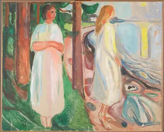 Two Women in White on the Beach, by Edvard Munch, oil, 1925